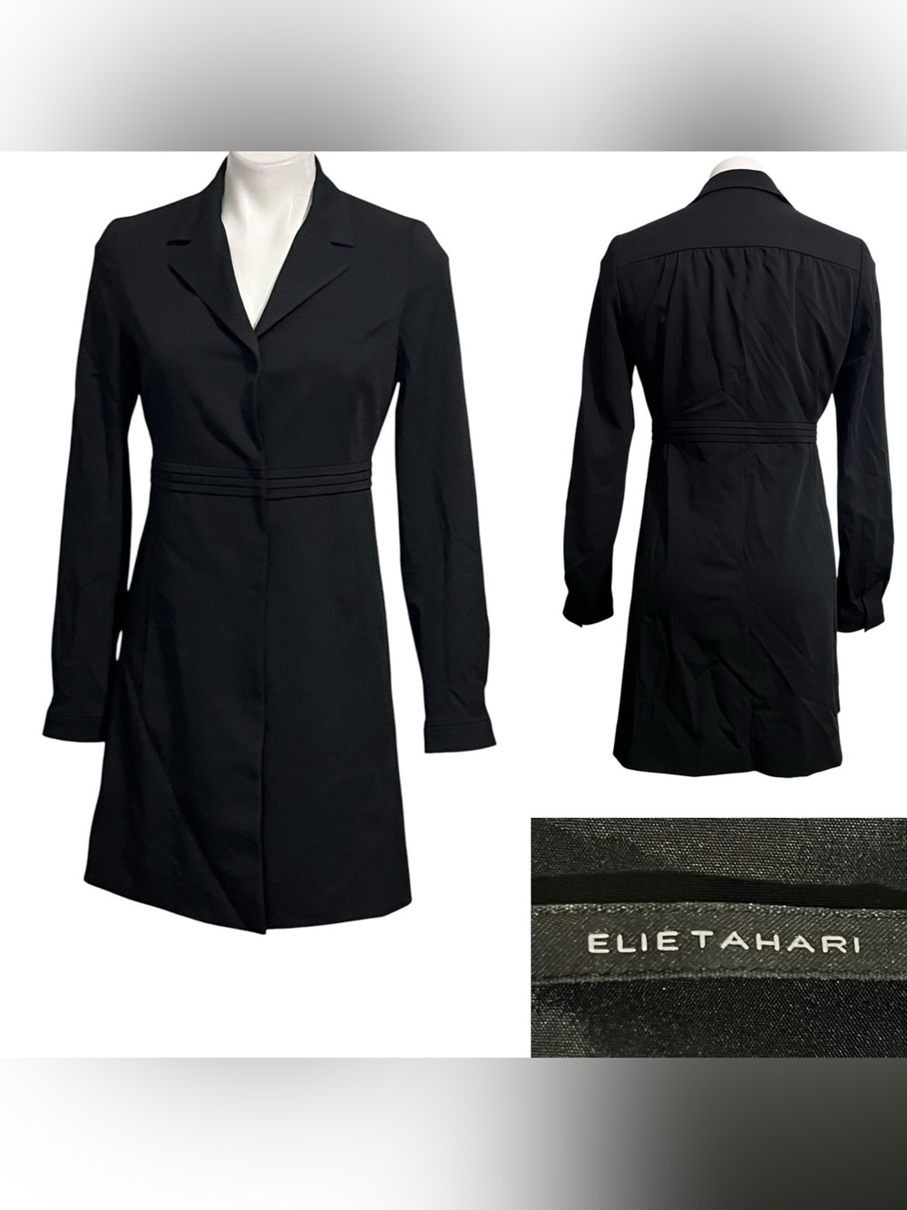Elie Tahari Black Dress Jacket/Trench Coat S/4-6 long sleeve fall classic career
